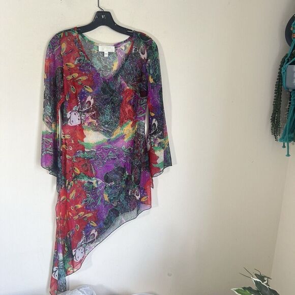 VTG Japanese Inspo Y2K Tunic Top 90s Mesh Geisha Girl Hanky Asymmetrical Hem S - Picture 9 of 10